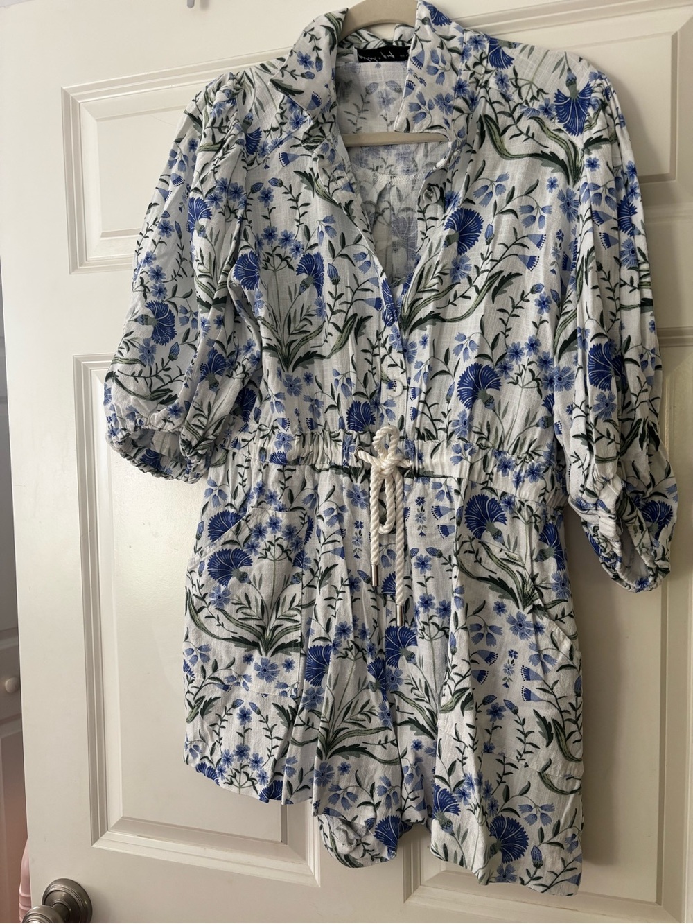 Petal & Pup White Floral Romper with Blue & Green Print